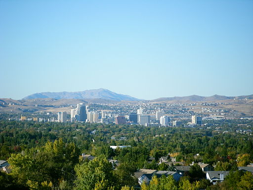 Reno skyline from the southeast with trees in foreground