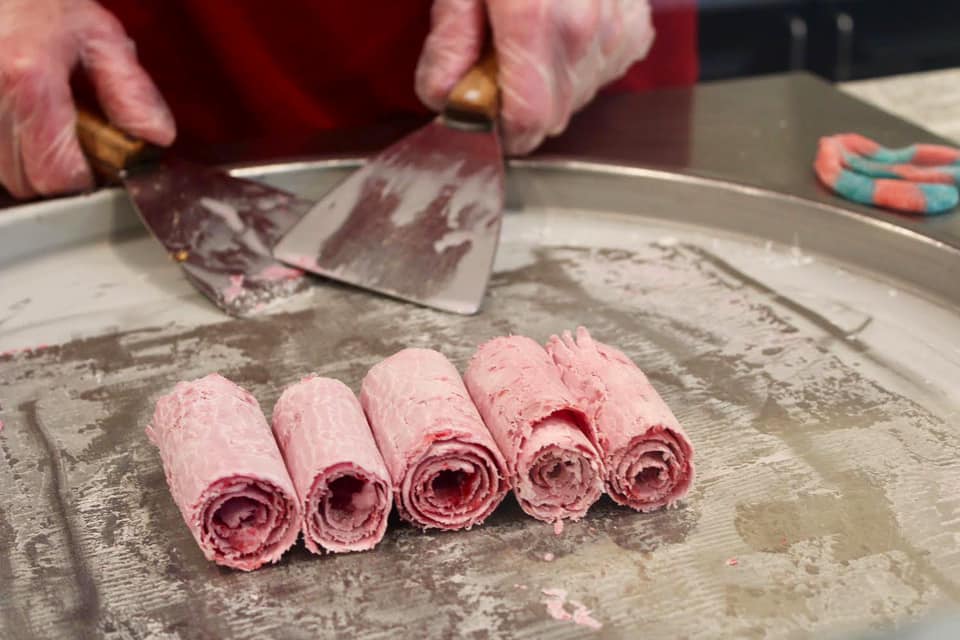 Thai rolled ice cream being prepared