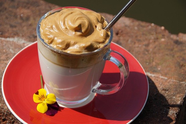 mocha in a mug outside in sunshine